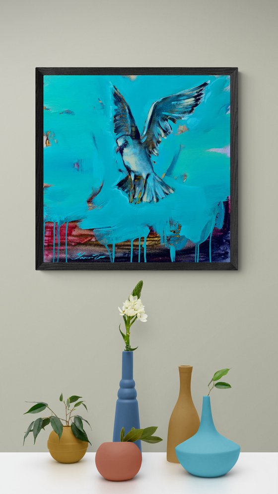 Bright painting - "Flying seagull" - Pop Art - Bird - Sea - Ocean - Sunset