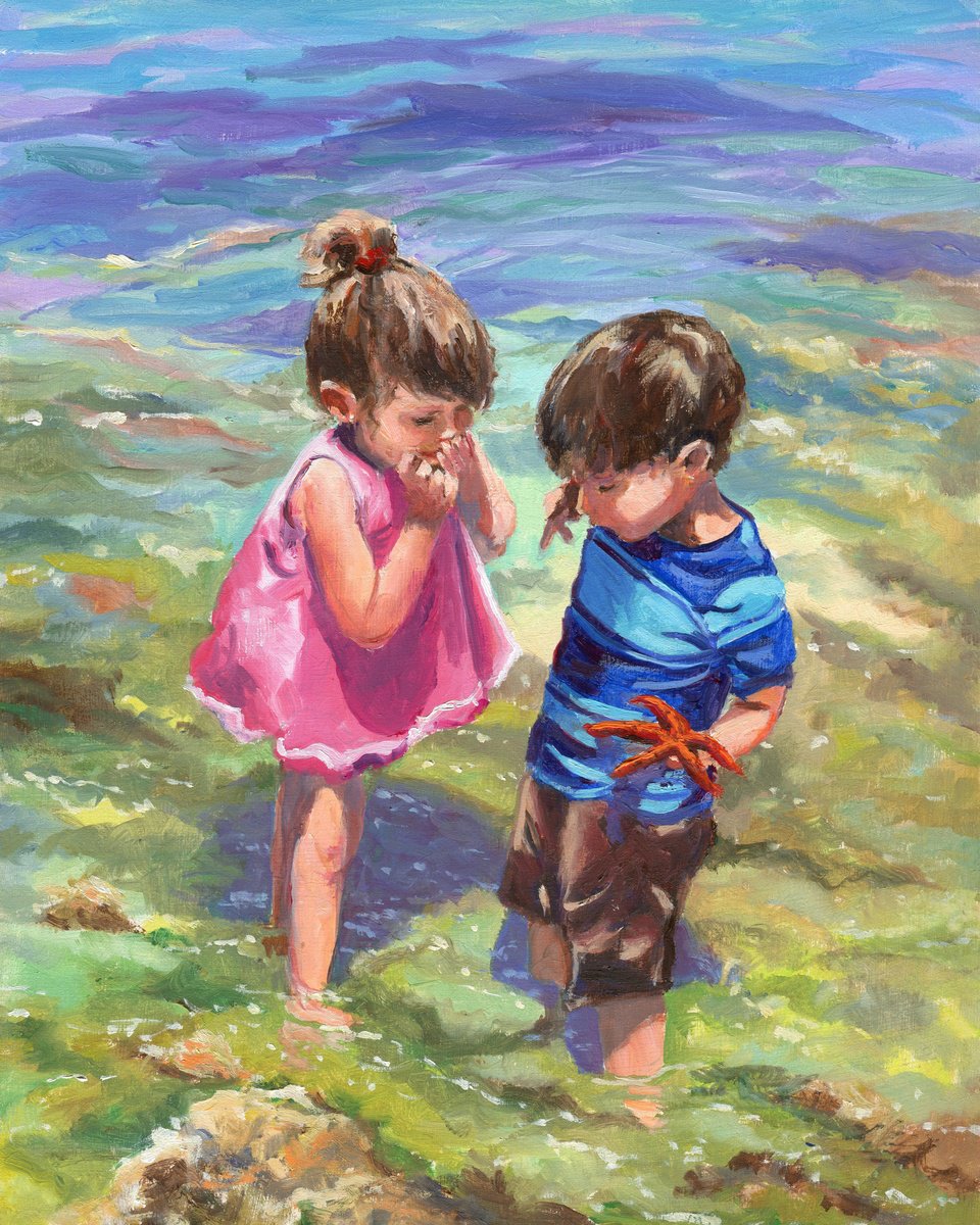 Children with starfish on the beach by Lucia Verdejo