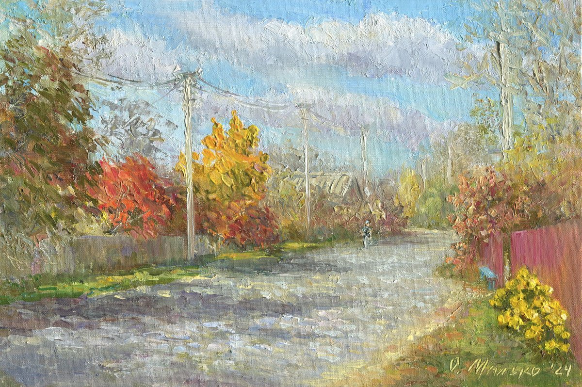 Impressionistic Landscape Oil Painting By Olha Malko, 12 X 8", Homeward (Autumn Street), Original Artwork