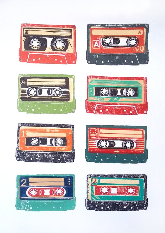 Linocut tapes #35 (cassette tapes, retro music, 70's, 80's rock culture)