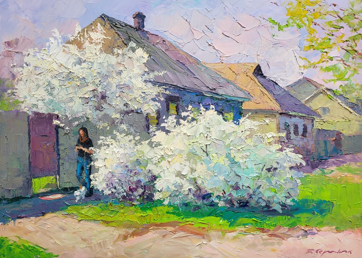 Impressionistic Landscape Oil Painting By Boris Serdyuk, 28 X 20, April Is On Our Street, Original Artwork