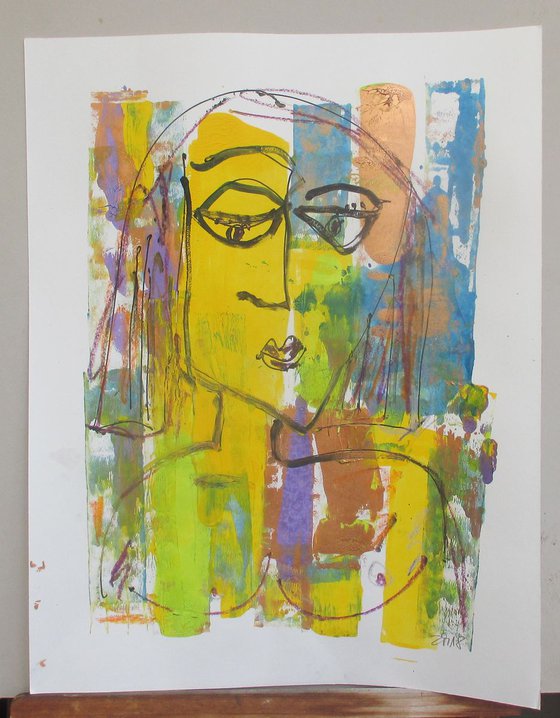 yellow expressiv girl - drawing  acryl on paper 25 x 20 inch