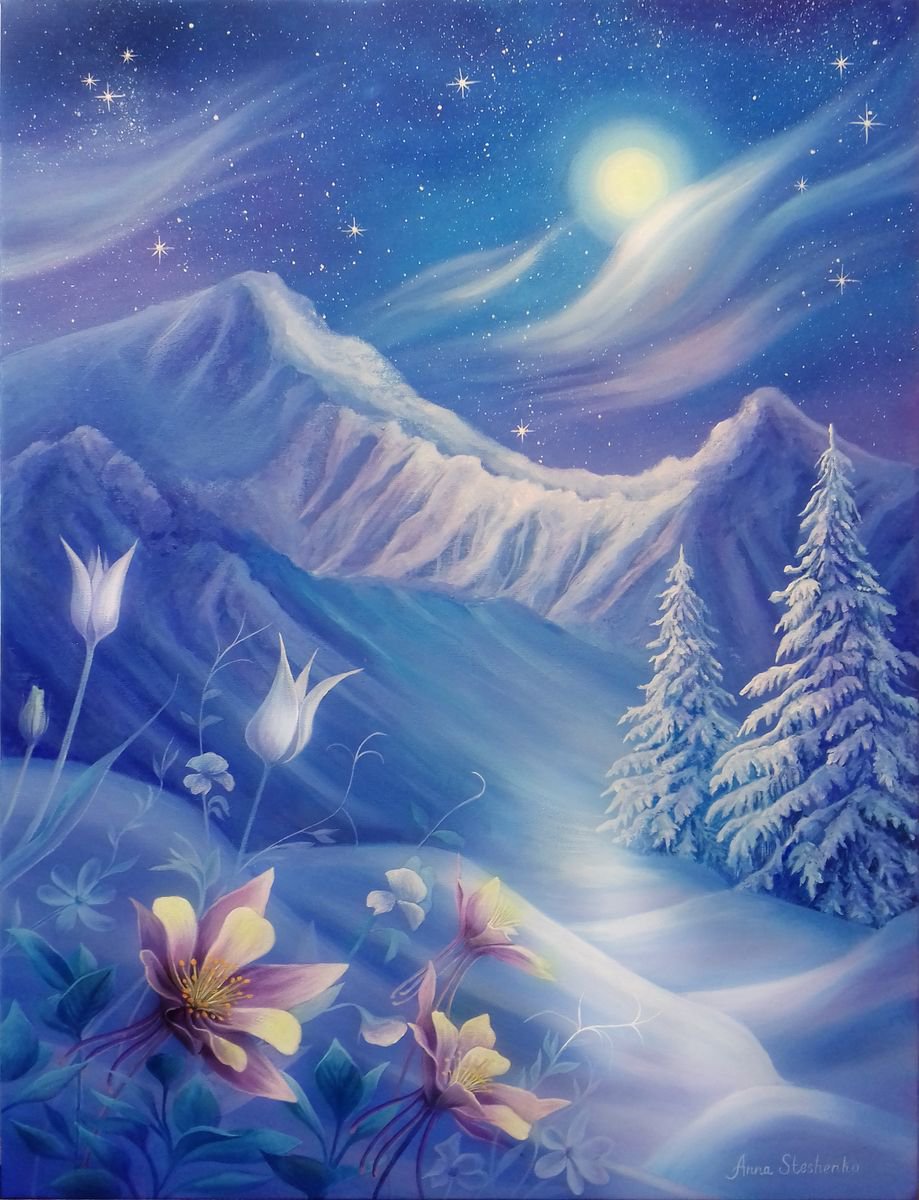 Winter miracle, original acrylic winter painting, winter landscape by Anna Steshenko