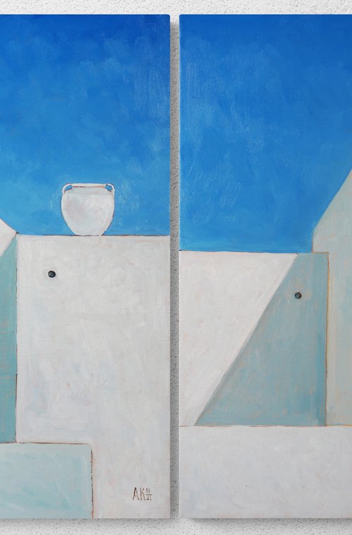 Greece geometry. White and blue  - diptych by Alfia Koral