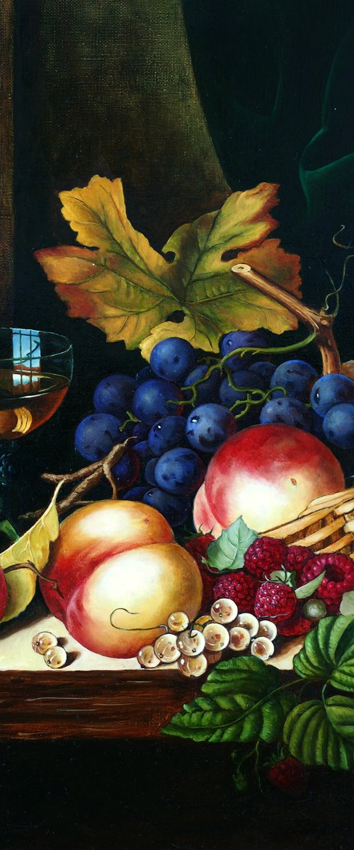 Still life with a glass of wine, a basket of fruits and berries by Alfia Koral