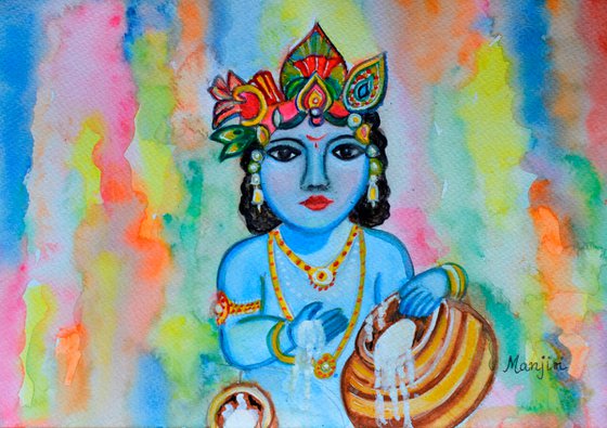 Natkhat Bal Krishna colorful watercolor on sale