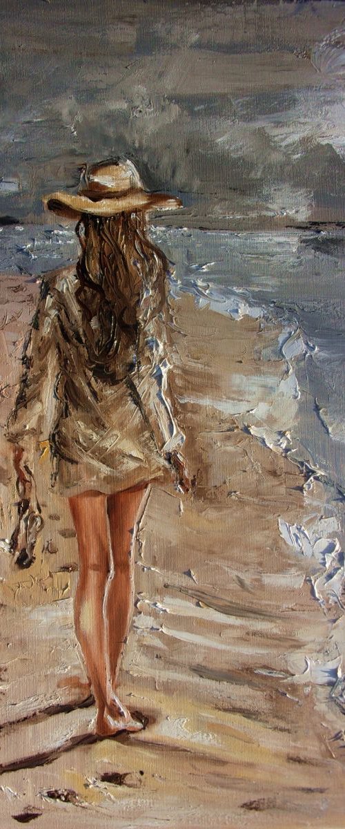 " LONELY WALK ... " SEA original painting palette knife GIFT MODERN URBAN ART OFFICE ART DECOR HOME DECOR GIFT IDEA by Monika Luniak