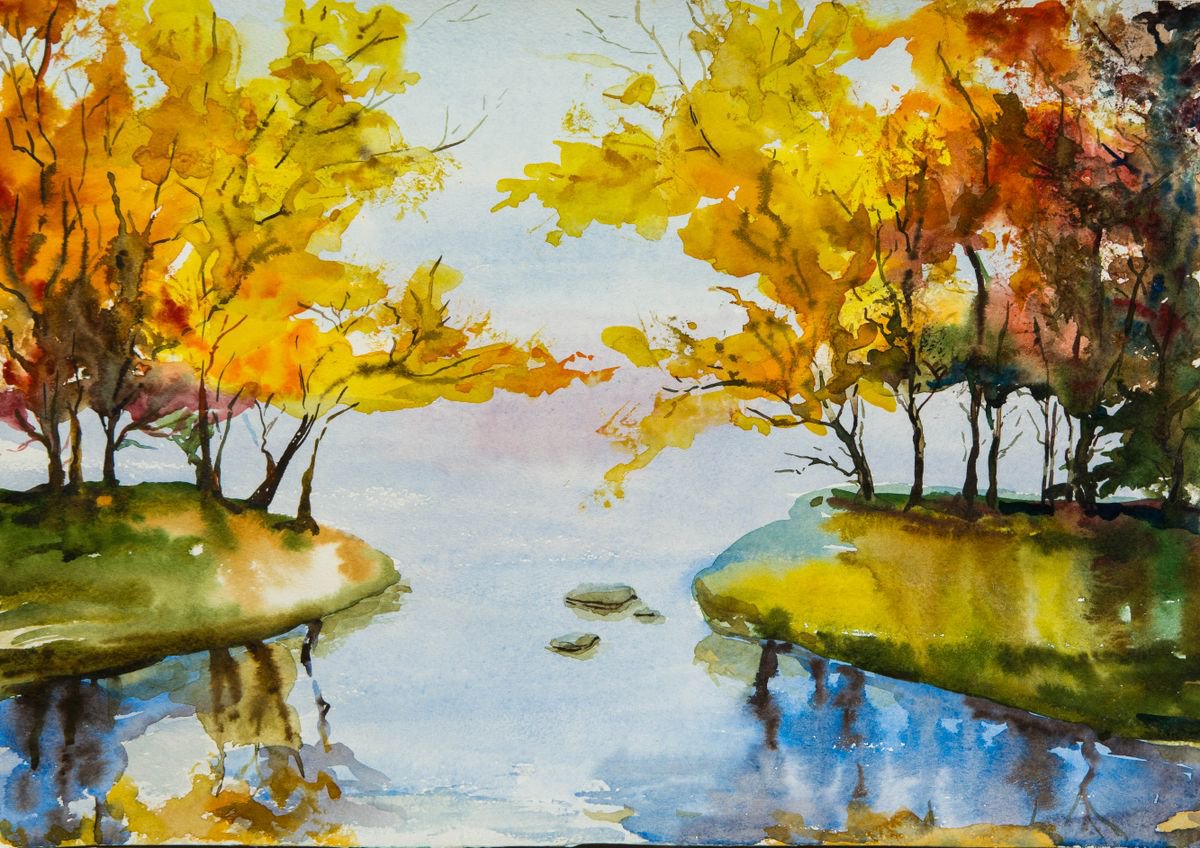 Impressionistic Landscape Watercolour By Galyna Shevchencko, 17 X 12, Autumn Etude 2, Original Artwork
