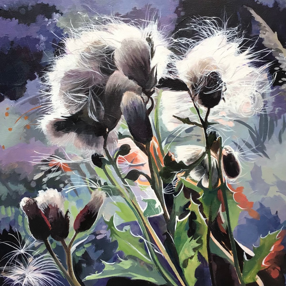 Impressionistic Botanical Acrylic Painting By Joseph Lynch, 20 X 20, Seed Heads In The Sunlight, Original Artwork