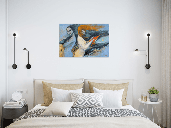 WEST WIND (ANTICIPATION) - symbolism philosophical painting with two girls and a red bird bright colors living room art home décor