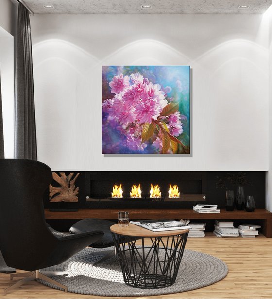 "Spring sacura", floral realistic painting, pink flowers blossom