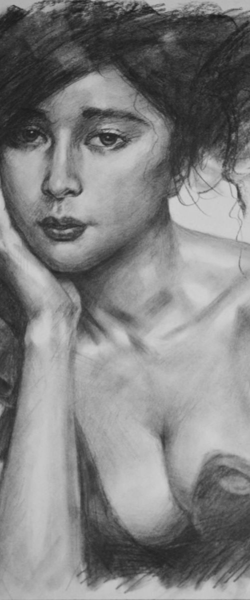 Drawing charcoal portrait of women  #16-4-13-10 by Hongtao Huang
