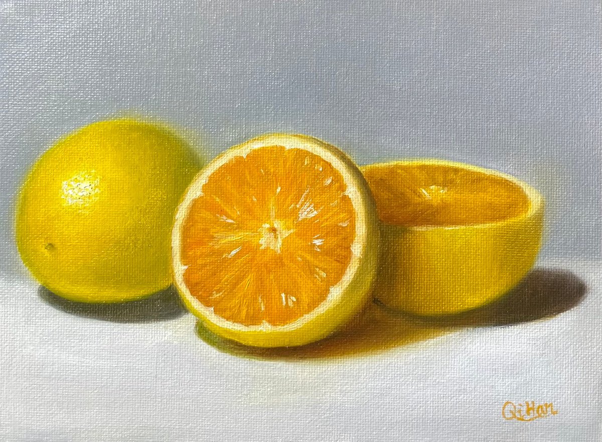 Photorealistic Still Life Oil Painting By Qi Han, 8 X 6", Citrus Glow, Original Artwork