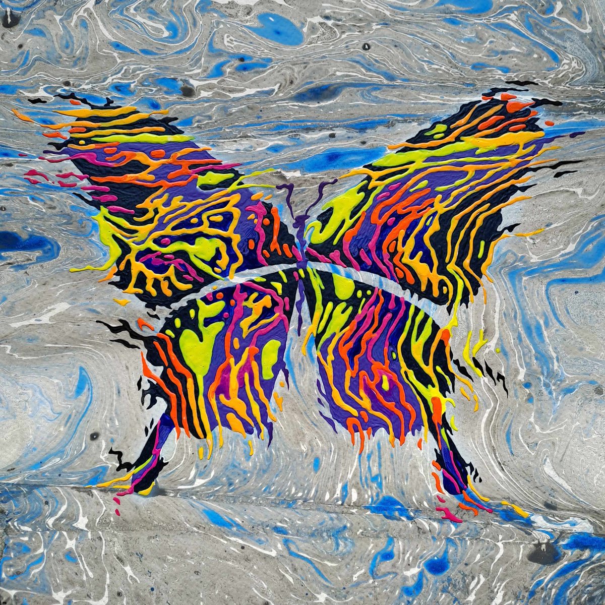 Abstract Animal Acrylic Painting By Mariia Raskin, 10 X 10", Butterfly «Good Vibes», Original Artwork