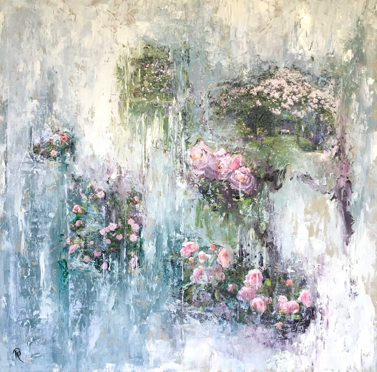 Organic Botanical Painting By Rebecca Pells, 20 X 20", The Garden Bench, Original Artwork