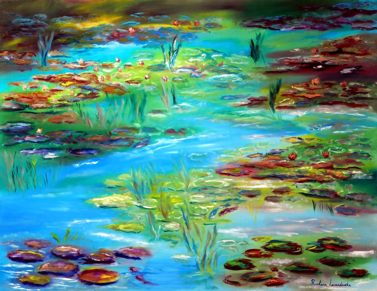 Impressionistic Landscape Oil Painting By Ruslana Levandovska, 48 X 36", Pond Of Peacefulness Iii, Original Artwork