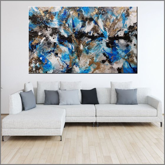 Coastal Grunge 250cm x 150cm Blue Rust Black Abstract Art