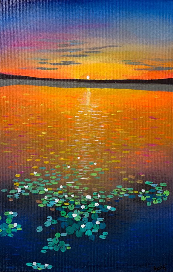 Water lily pond at sunset - 4 ! A4 size Painting on paper