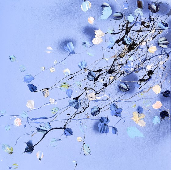 Square acrylic structure painting with flowers "Blue Day", mixed media
