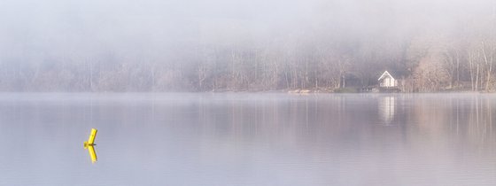 Ullswater Lake Boathouse in the mist Lake district England UK