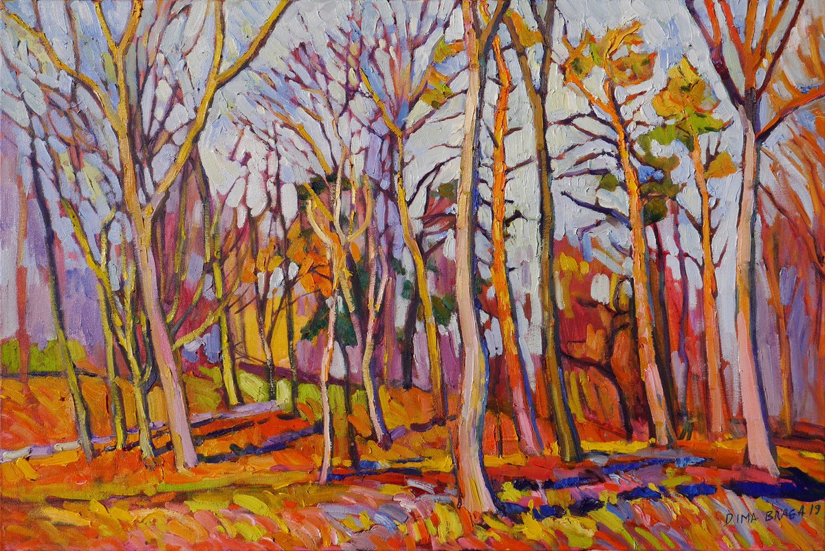 Expressive Landscape Oil Painting By Dima Braga, 35 X 24, Trees In November, Original Artwork