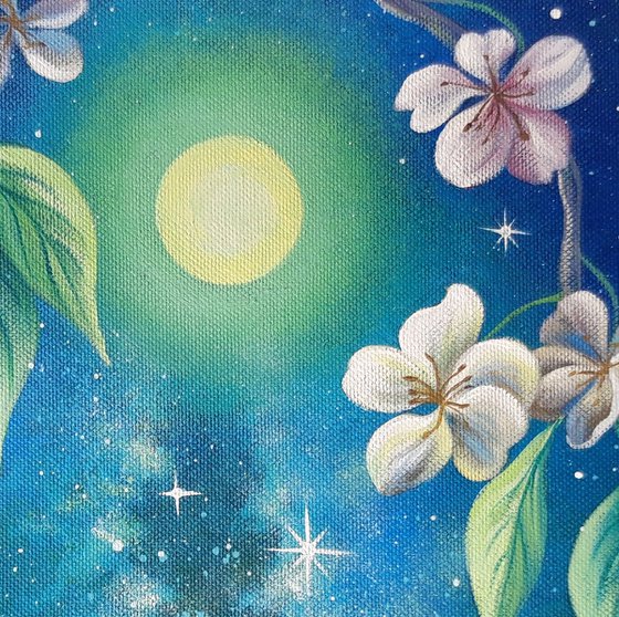 "Starry night", blossom painting, moonscape, floral art