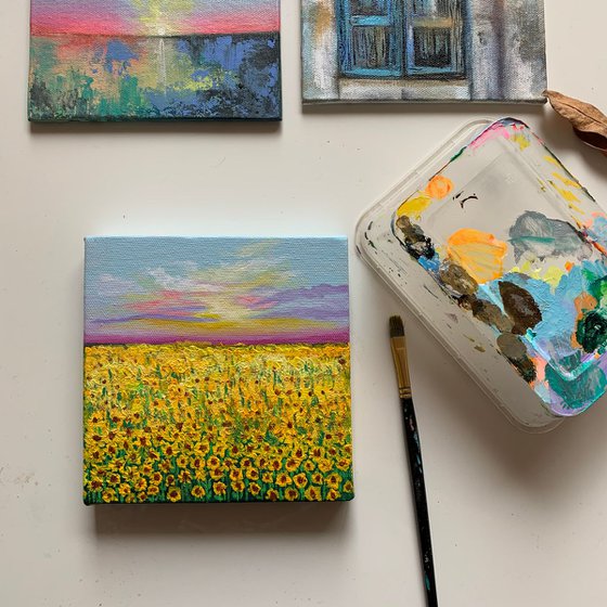 Sunflower fields  ! Small Landscape Painting!!  Ready to hang