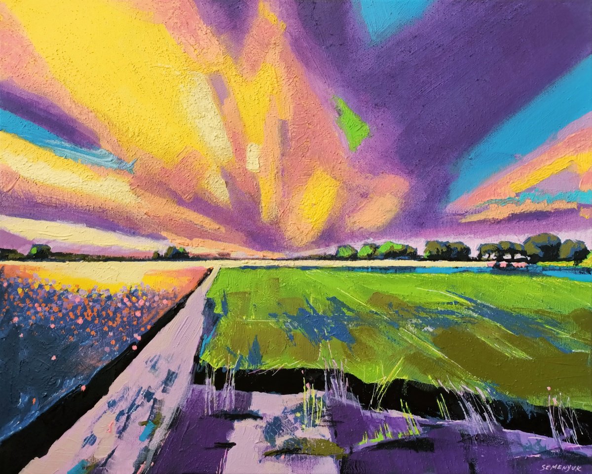 Impressionistic Landscape Acrylic Painting By Evgen Semenyuk, 20 X 16, Lavender And Vanilla Evening, Original Artwork