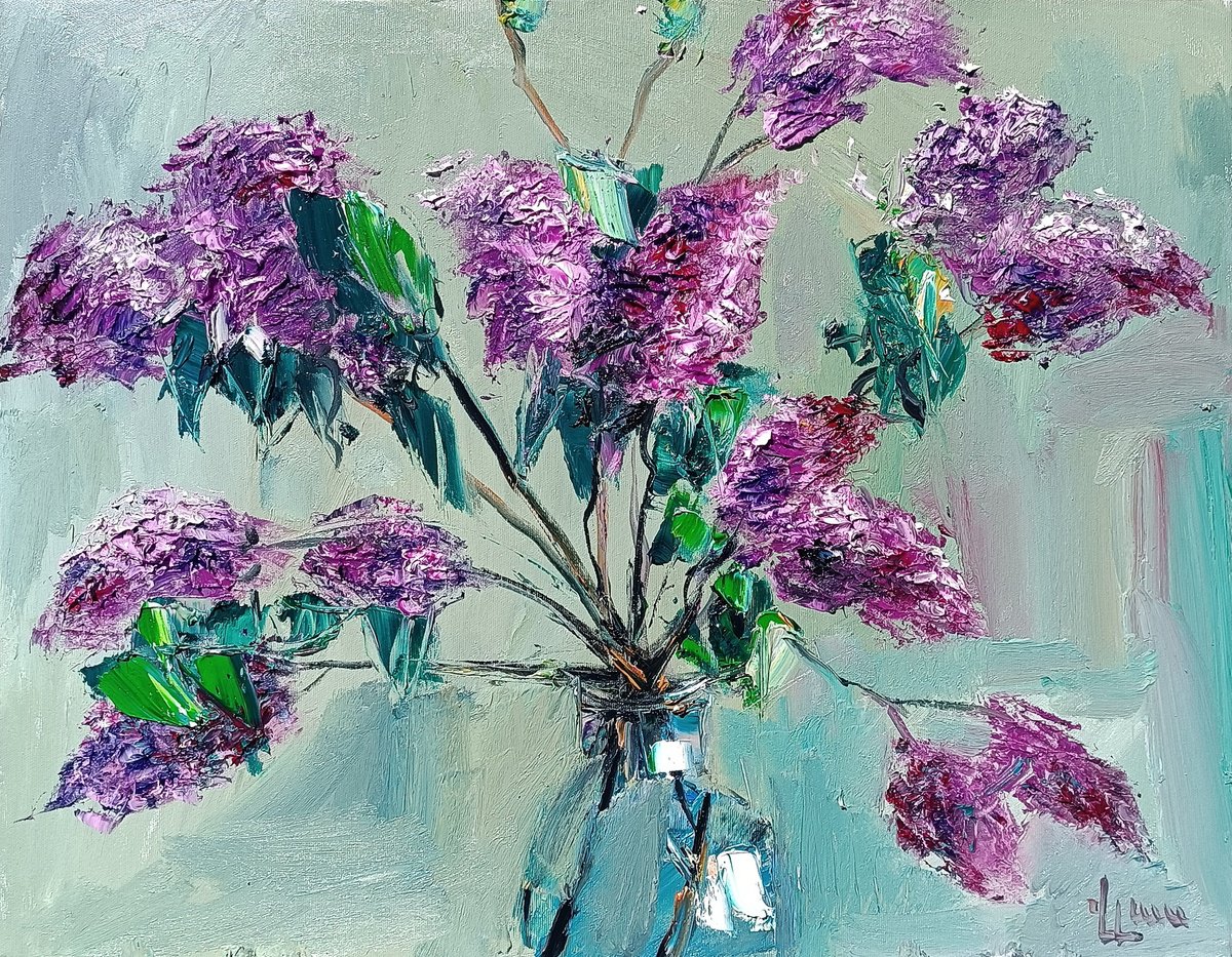 Impressionistic Botanical Oil Painting By Vlas Ayvazyan, 26 X 20", Lush Lilac Elegance, Original Artwork