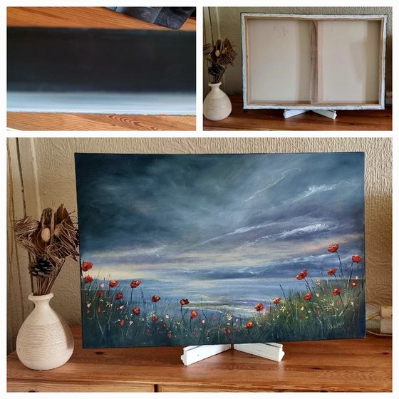 Poppies at the Beach 30"x20"×2" Large Seascape Oil Painting