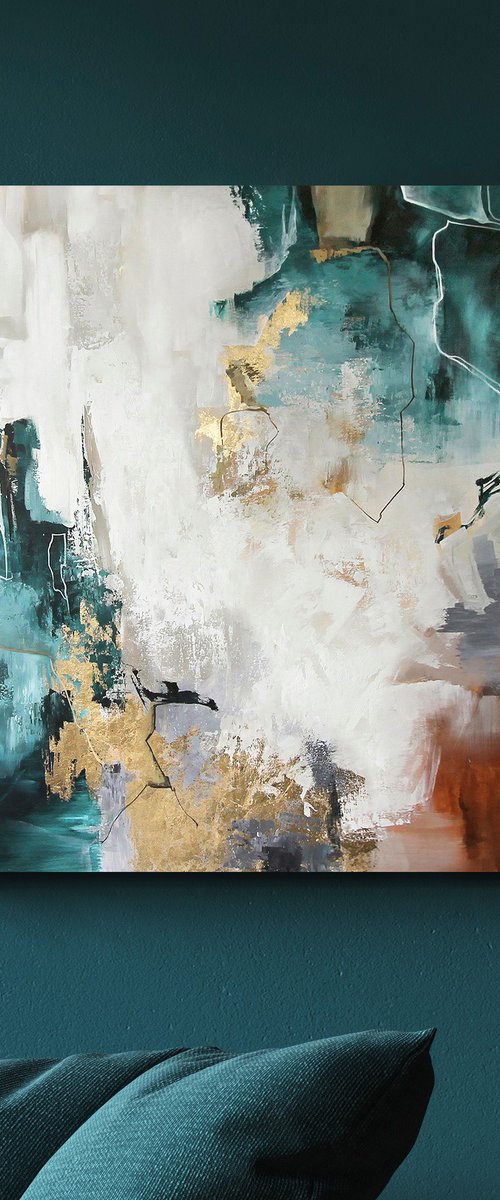 "Teal Flood" Teal gold abstract acrylic art by Yana Sagan
