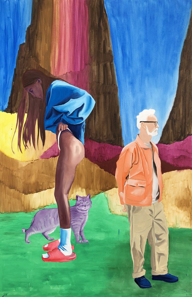 Urban And Pop Animal Oil Painting By Kujbus Janos, 49 X 75", Walks In Nature With A Cat, Original Artwork