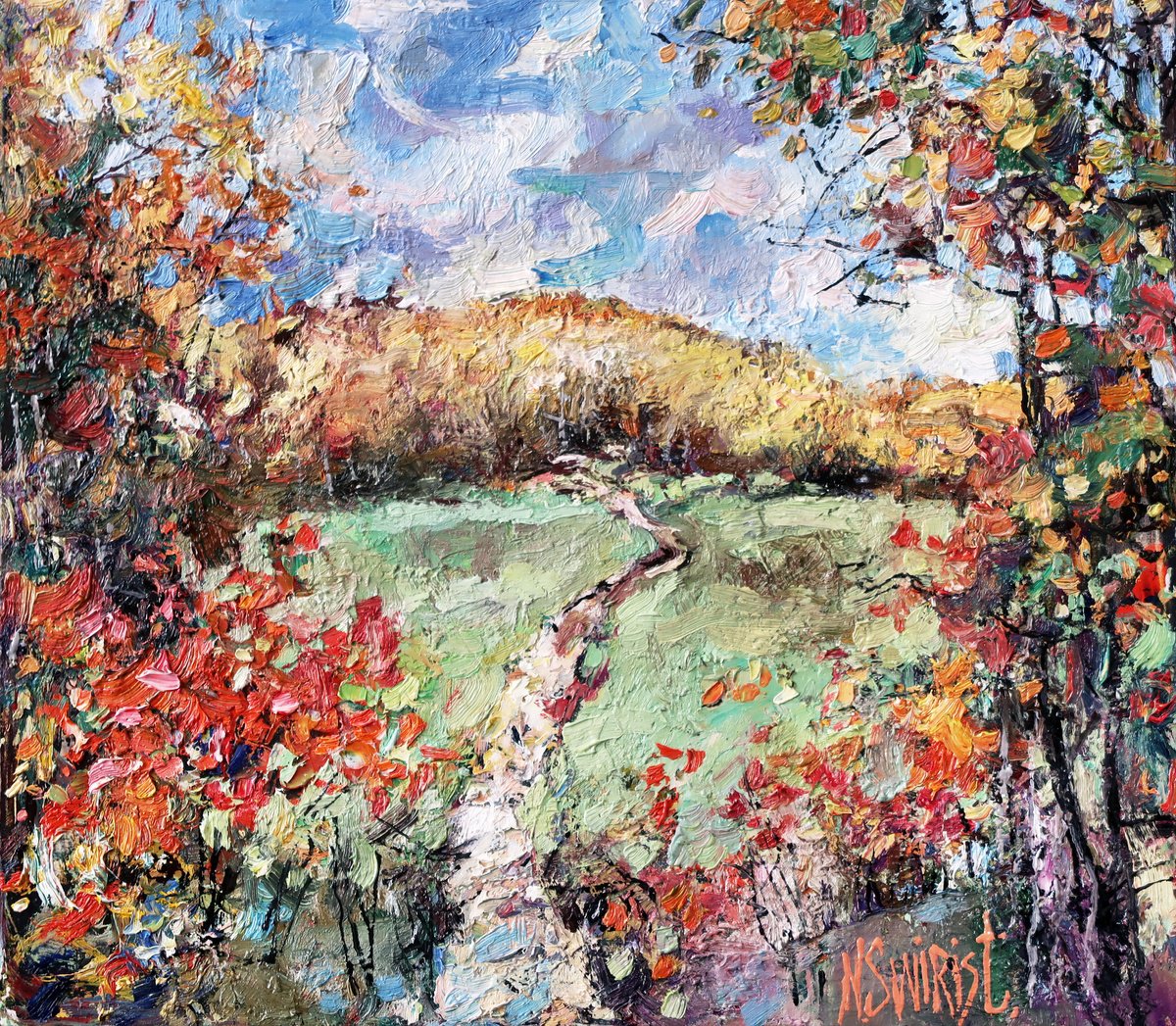 Impressionistic Landscape Oil Painting By Nikifor Swiristuhin, 16 X 14", Forest Path., Original Artwork
