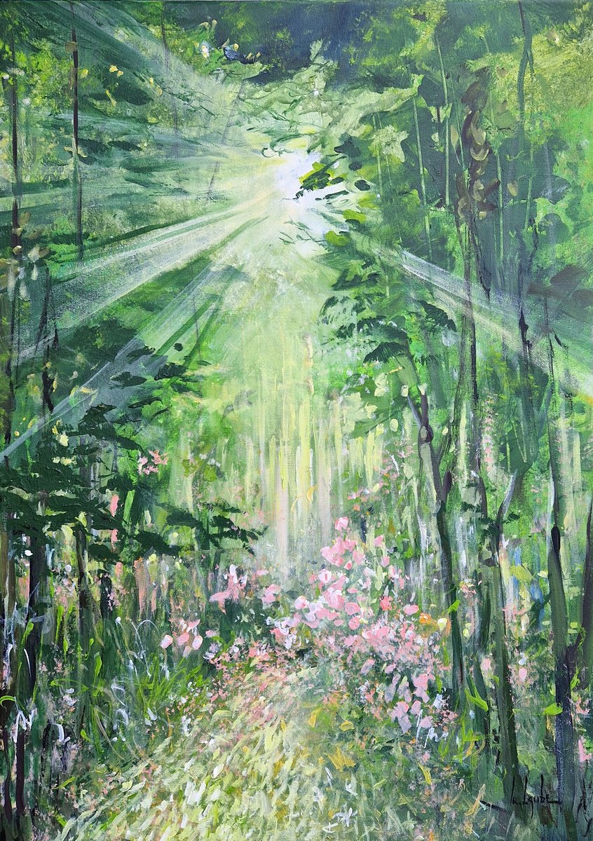 Impressionistic Landscape Acrylic Painting By Irina Laube, 20 X 28, Sunny Glade Ii, Original Artwork