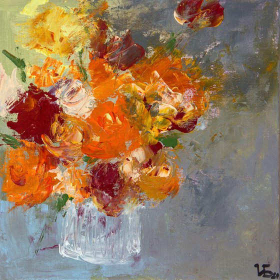 Small still life with orange and burgundy roses