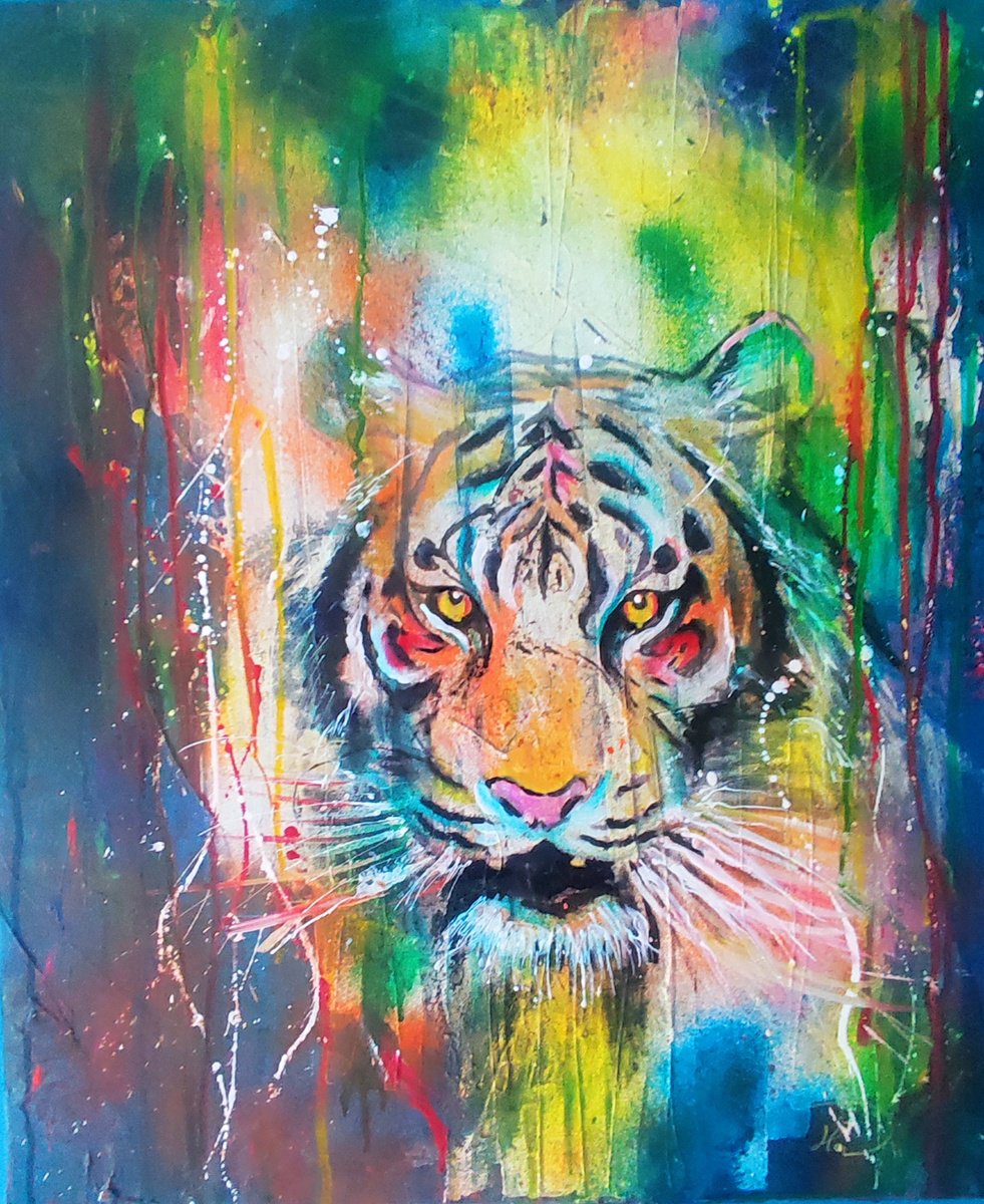 Abstract Animal Acrylic Painting By Beata Harasim, 20 X 24, Tiger, Original Artwork