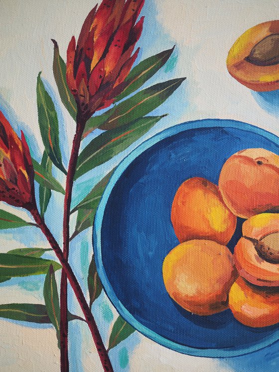 Protea flowers and apricots on blue plate