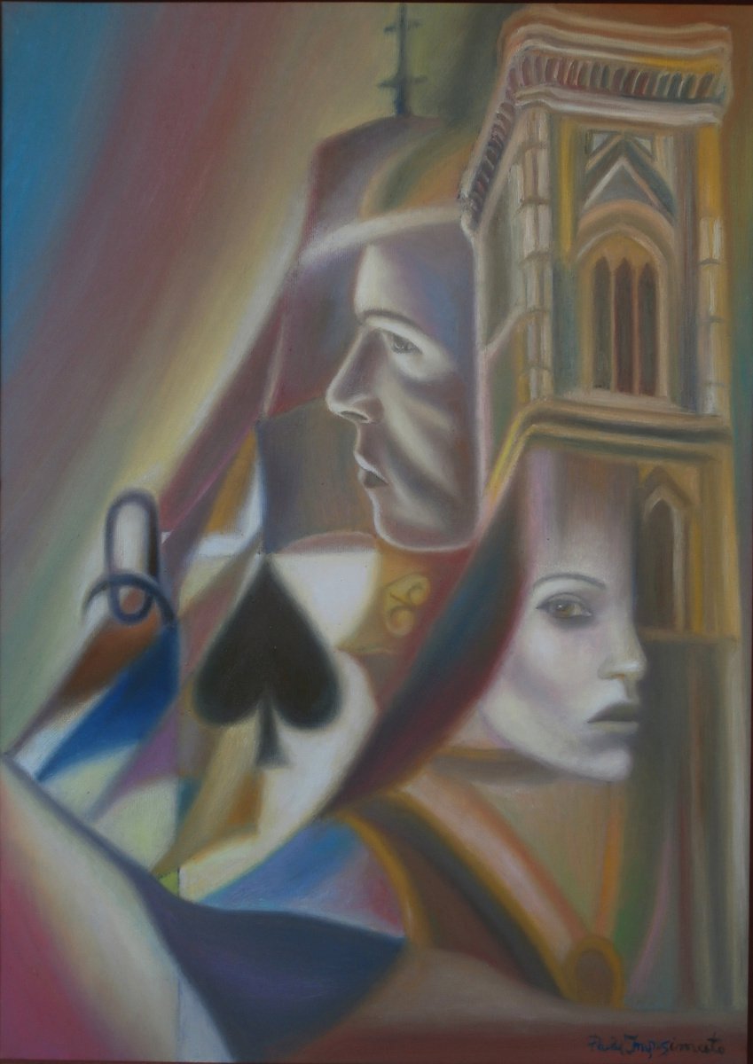 Surrealistic Portrait Oil Painting By Paola Imposimato, 21 X 29", Beyond The Bell Tower, Original Artwork