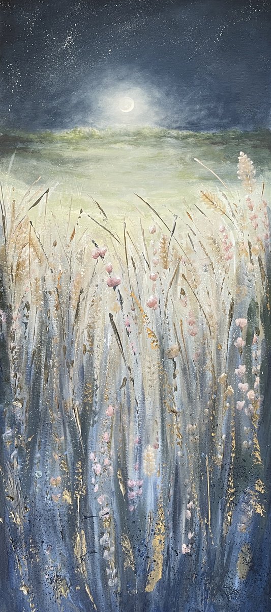 Expressive Landscape Acrylic Painting By Emma Sian Pritchard, 16 X 36, Moonlight Becomes You, Original Artwork