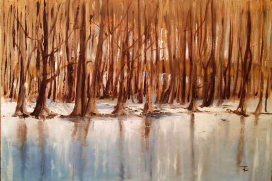 Winter lake reflection- original oil painting - 40 x 60 cm ( 16 x 24 Inches)