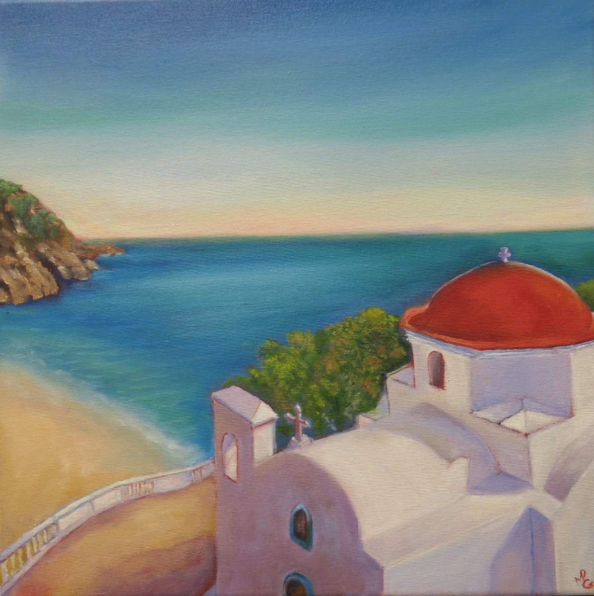 Impressionistic Landscape Oil Painting By Maureen Greenwood, 16 X 16", Karpathos, Greece, Original Artwork