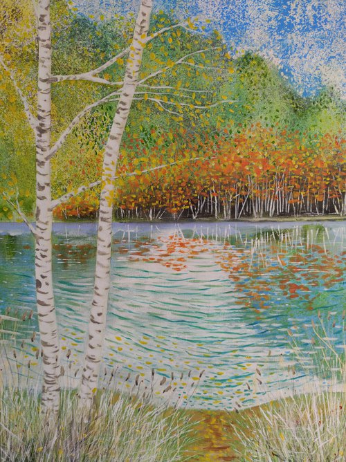 Reflections of autumn trees in calm lake by Gökhan  Alpgiray