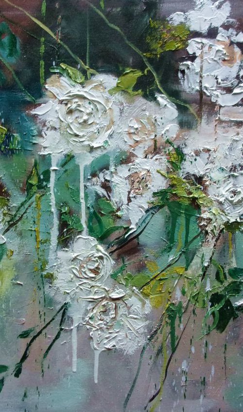 " WHITE ROSES "   original painting palette knife GIFT MODERN URBAN ART OFFICE ART DECOR HOME DECOR GIFT IDEA by Monika Luniak