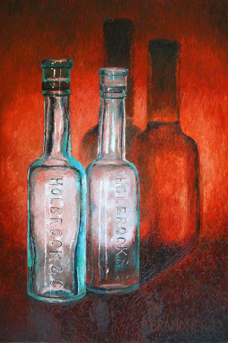 Vintage bottles on red background by Paul Brandner