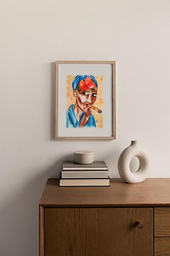 Flower Head Painting Portrait Original Art Cuban Watercolor Smoking Woman Small Artwork Home Wall Art 8 by 11" by Halyna Kirichenko