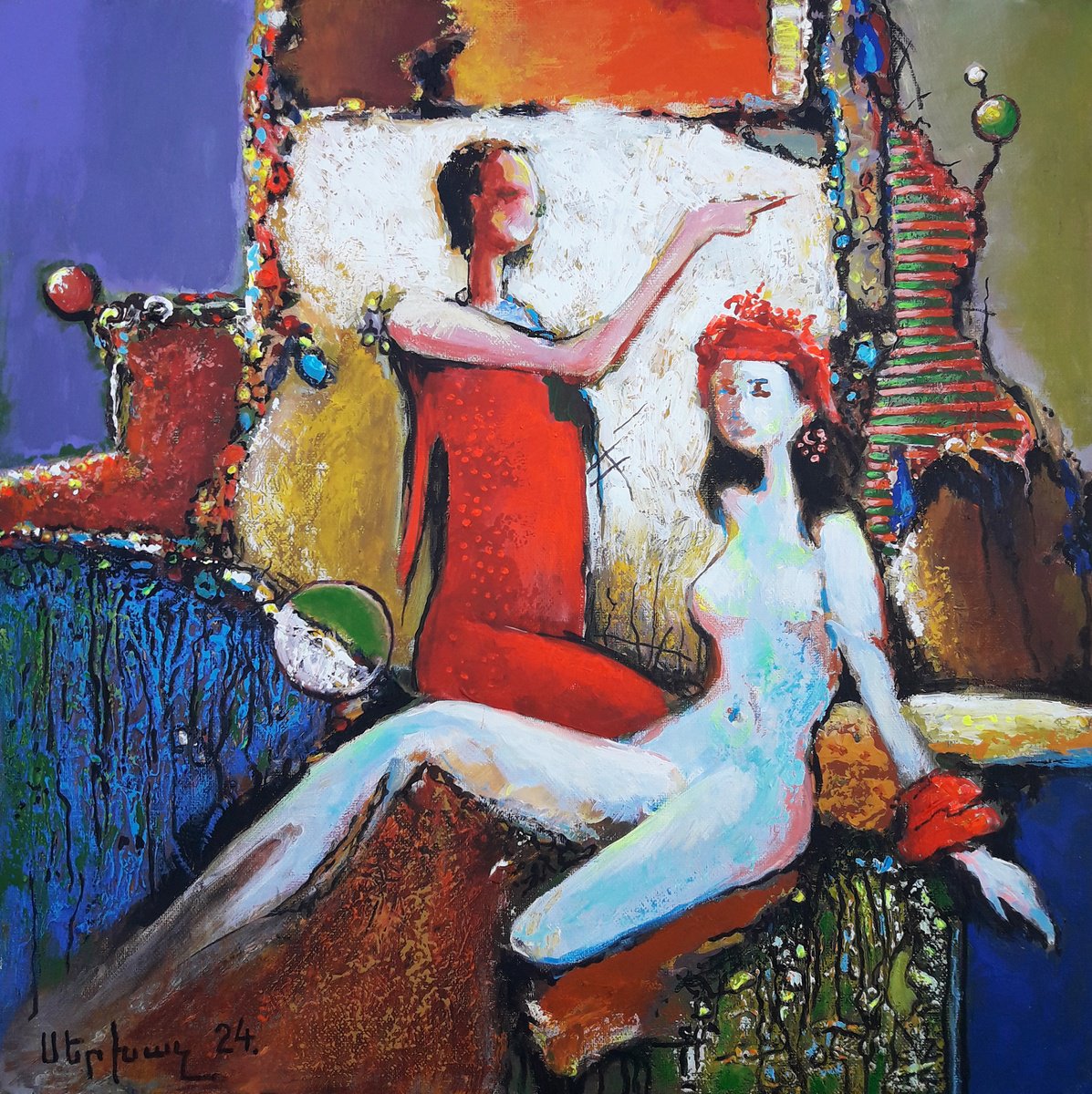 Abstract Portrait Oil Painting By Sergey Xachatryan, 20 X 20", Coronation, Original Artwork