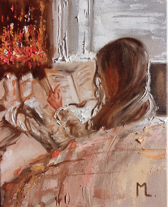 " LAST DAY OF SUMMER " for I. book lover original painting window WINTER palette knife GIFT brown