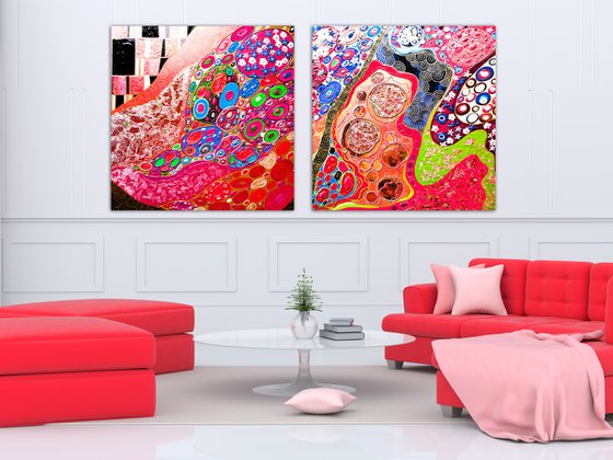 2 pieces 200х100 cm Abstract painting large wall art vivid red Viva Magenta relief diptych