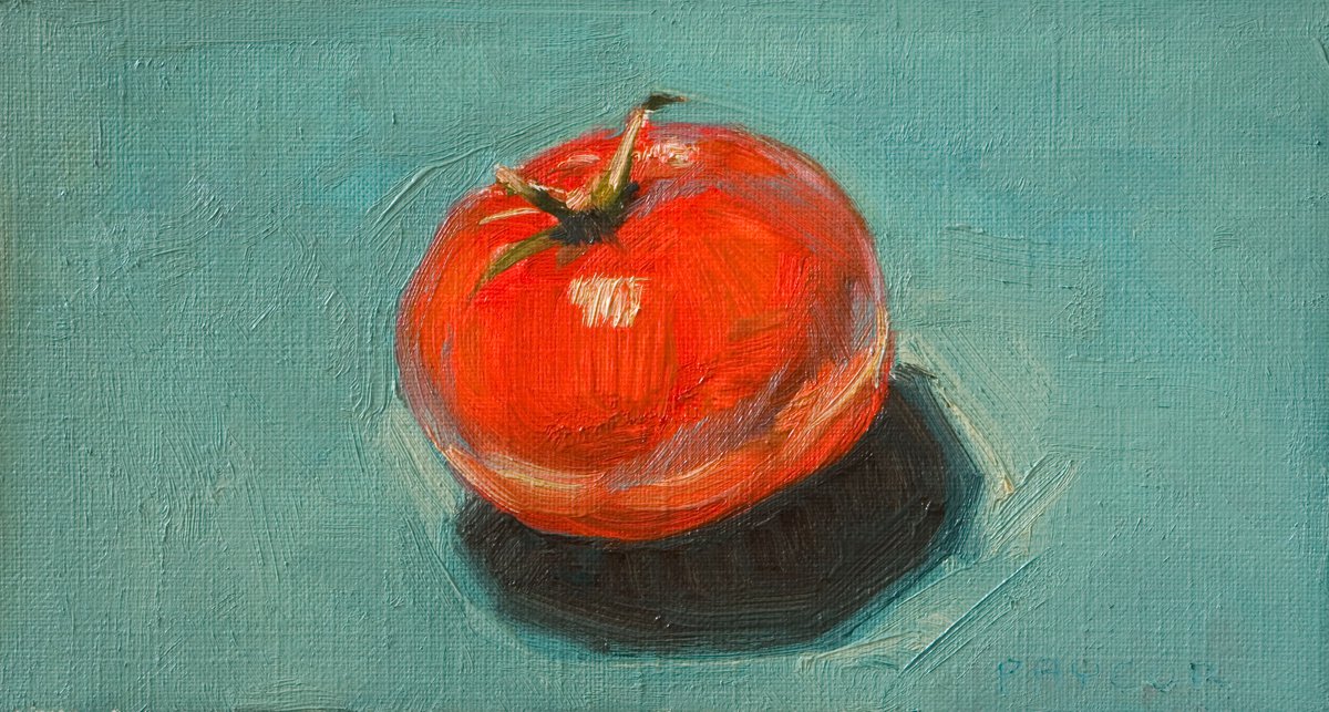 Impressionistic Still Life Oil Painting By Olivier Payeur, 7 X 4", Red Tomato On A Blue, Original Artwork