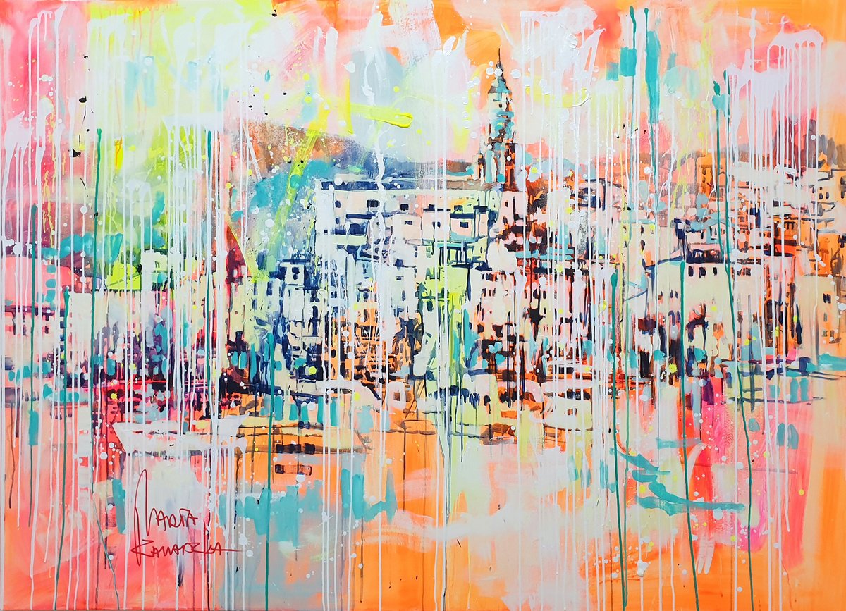 Impressionistic Cityscapes Acrylic Painting By Marta Zawadzka, 71 X 51", Menton, Original Artwork